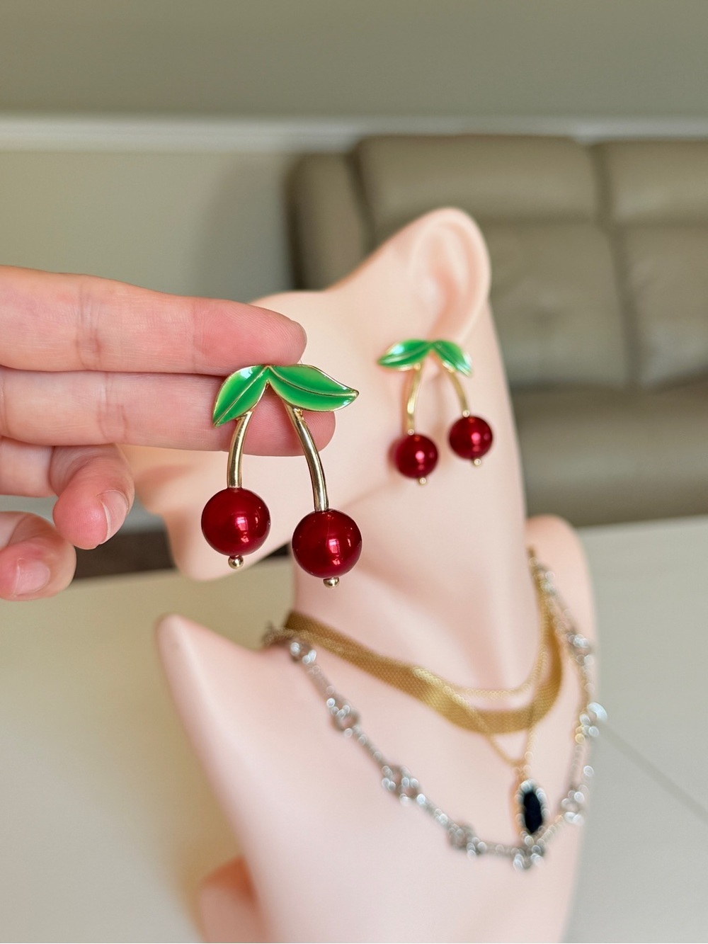 Cherry Drop Dangle Earrings in Red and Green - Picture 4 of 9